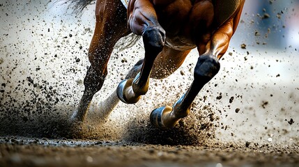 Powerful horse in full stride.  Mud and grit kick up around powerful legs