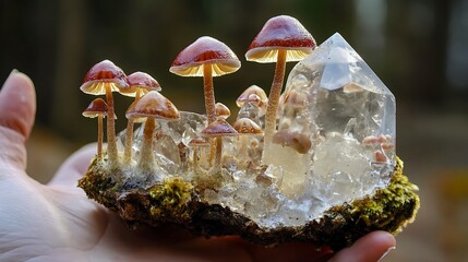 Hands holding a crystal with mushrooms in the forest, close up