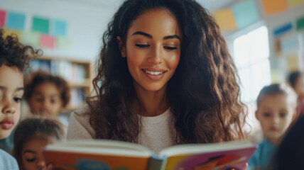 Teacher reading a book to a diverse group of preschool children in a classroom setting. Concepts of early childhood education, literacy, and learning