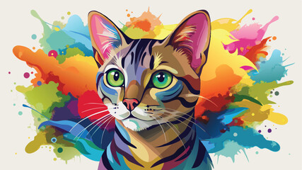 Watercolor painting of a cat with a colorful artistic background