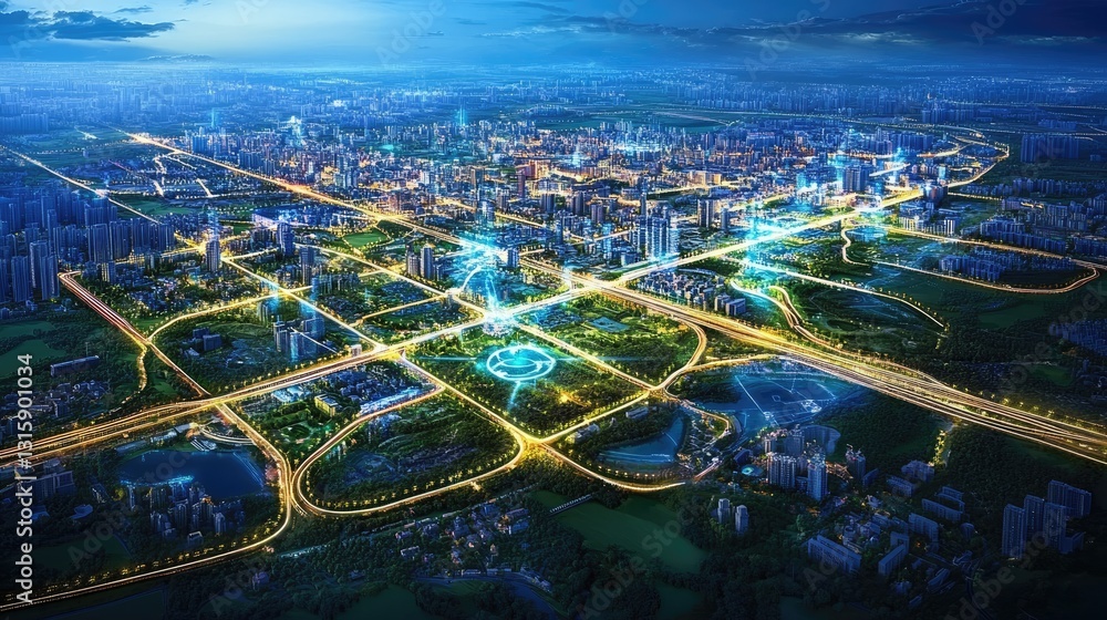 Aufkleber ai-powered drone hovering over a smart city with real-time mapping.