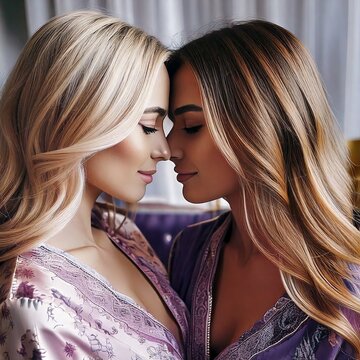 romance in the air; two blonde women wearing nighties; fashion concept; dim light
