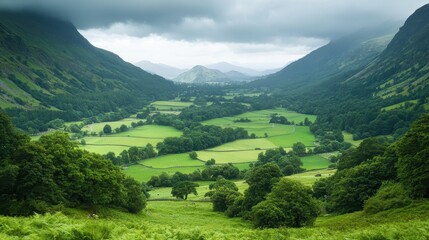 Obraz premium Serene valley landscape with lush green fields and mountains under a cloudy sky. Ideal for travel, nature, and environmental projects, evokes peace and tranquility.