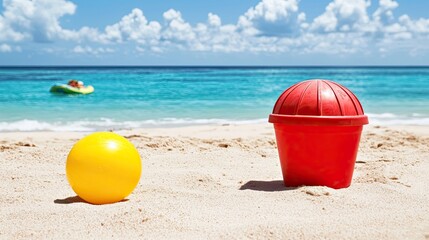 Vibrant Yellow Beach Ball and Red Bucket on Sandy Shore with Clear Blue Ocean and Bright Sky in Tropical Paradise
