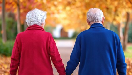 Rear view of a senior couple holding hands and walking in a park during autumn. Concept of active seniors, love, and togetherness.