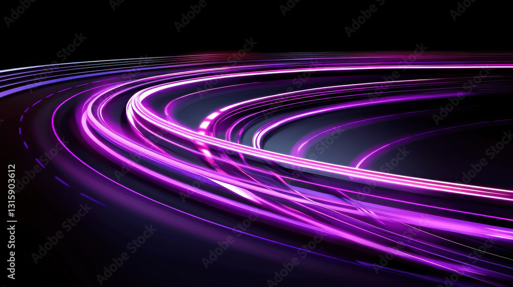 Poster cyberpunk 3d render featuring purple light streaks in a futuristic race track setting emphasizing mo