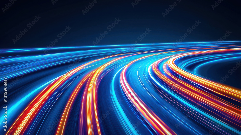 Poster cyberpunk 3d render of a futuristic highway with light streaks conveying speed and motion in a dynam