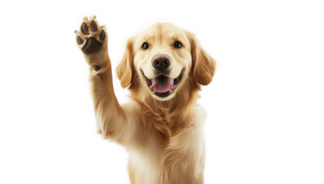 a cheerful golden retriever raises its paw showcasing a friendly demeanor against a white background. warmth and playfulness making it ideal for pet-related content