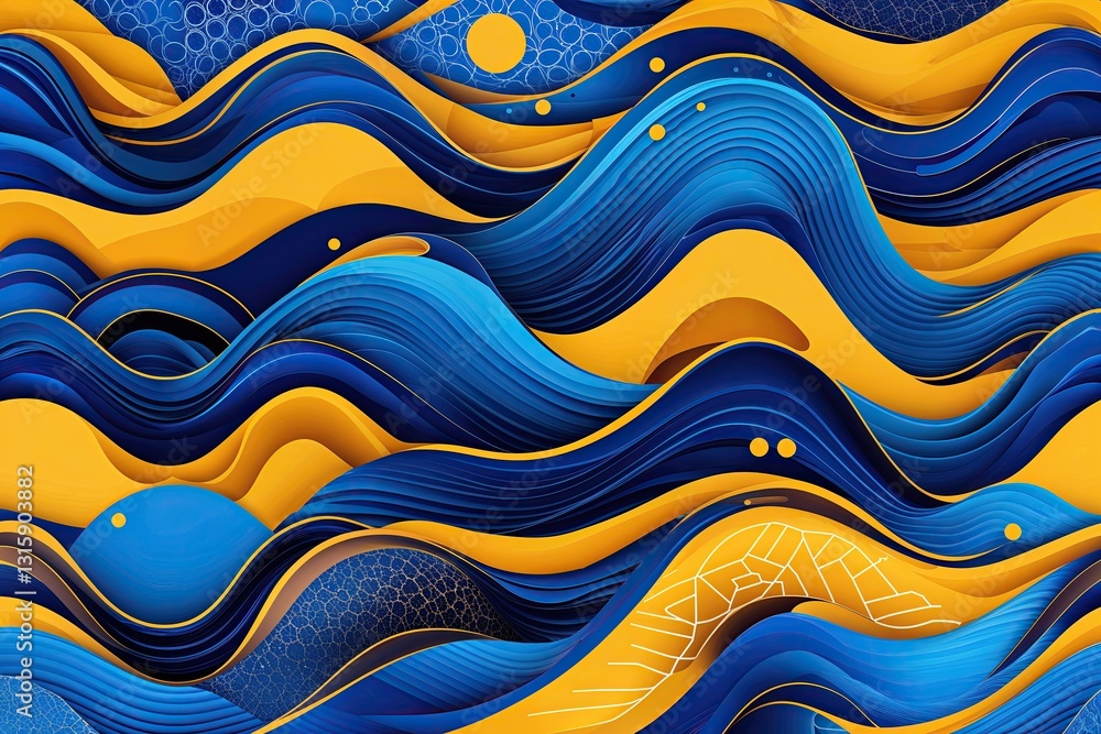 Poster vibrant blue abstract background with geometric waves and circle pattern design