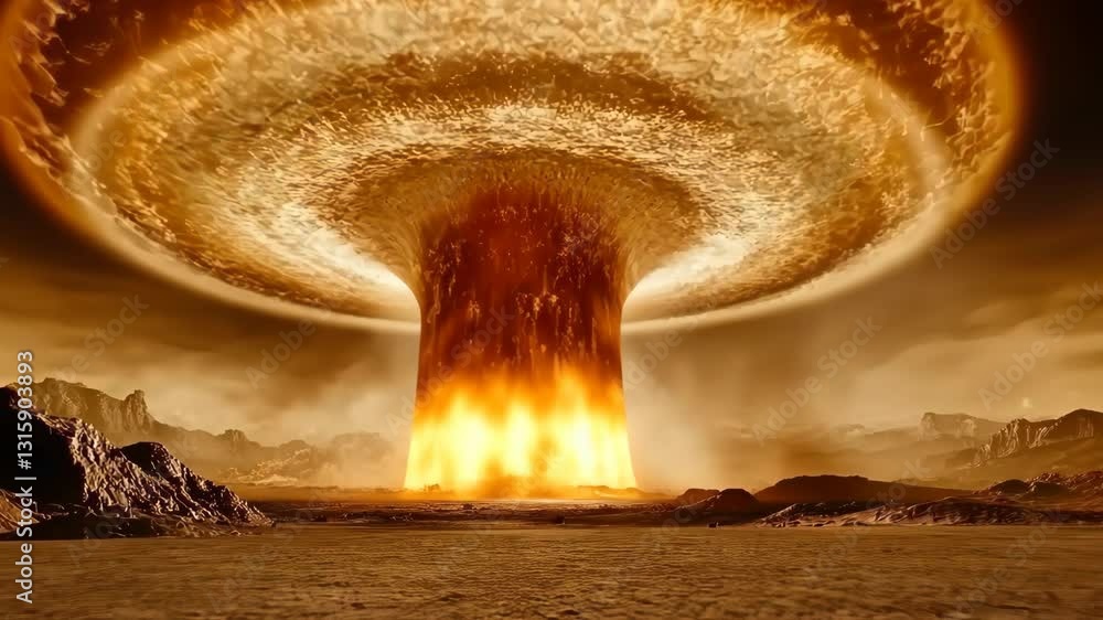 Poster massive explosion creates a fiery mushroom cloud over a desolate landscape at dusk in a dramatic vis