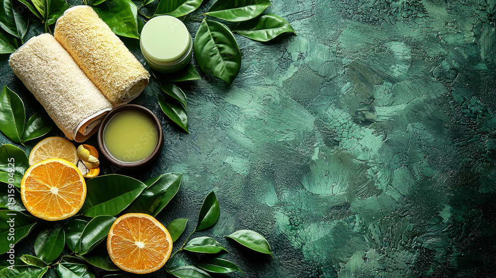 Poster fresh oranges and a rustic bread roll on vibrant green background representing a healthy daily routi