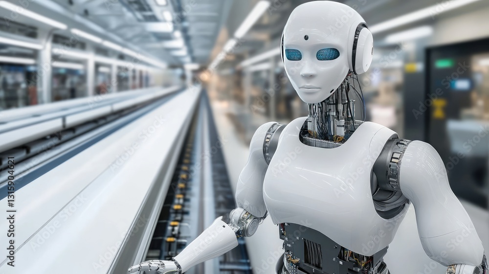 Poster autonomous ai robot navigating through a smart factory assembly line.