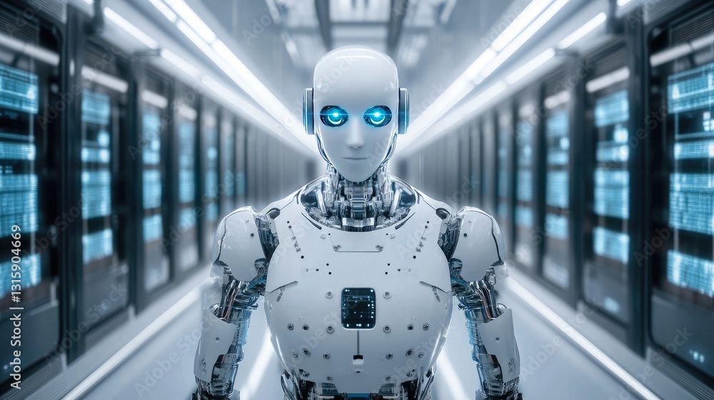 Poster autonomous ai robot navigating through a smart factory assembly line.