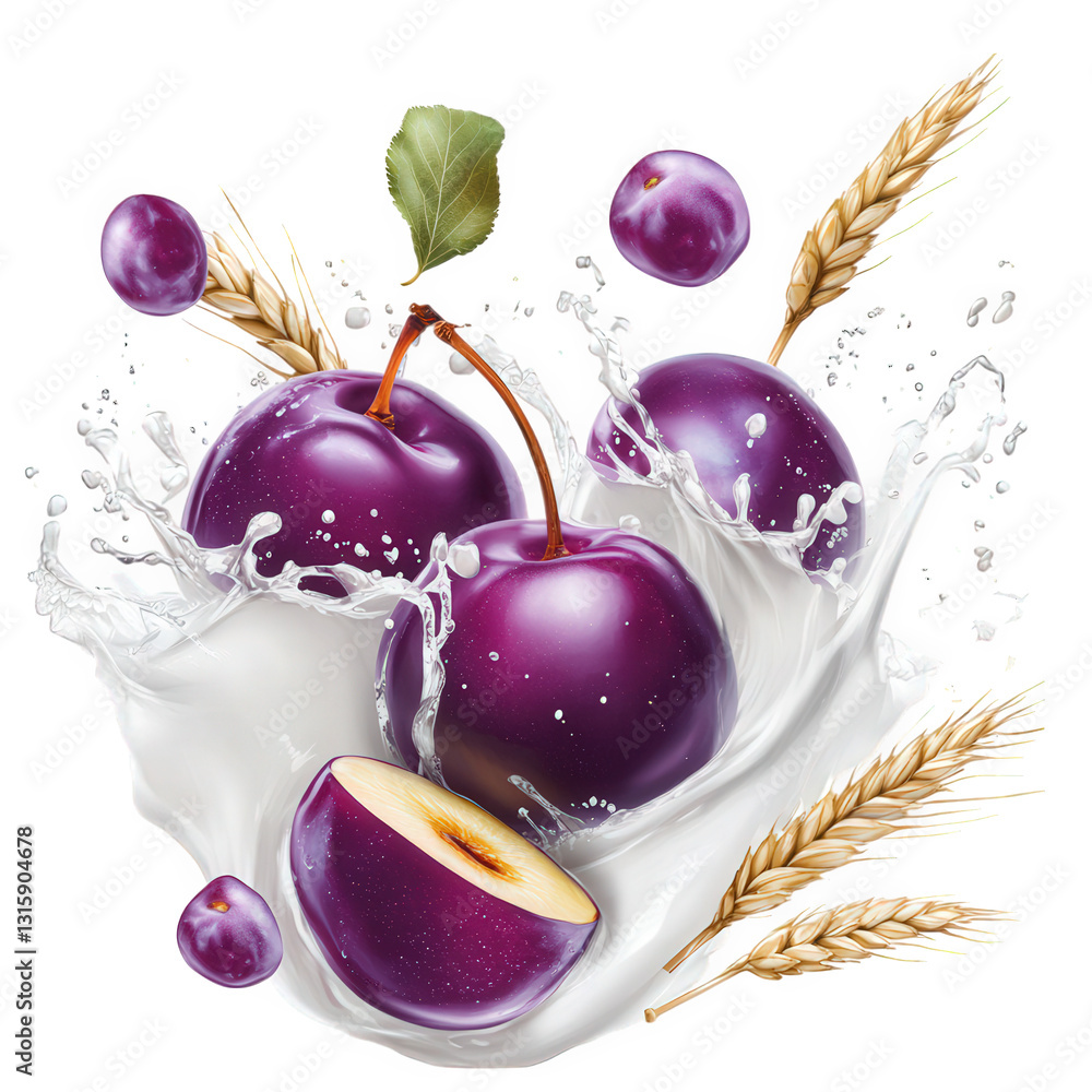 Poster plums splashing in milk accompanied by wheat stalks creating a vibrant and fresh visual ideal for fo