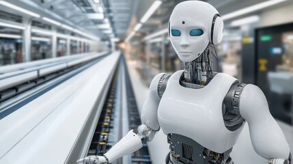 Fototapeta premium Autonomous AI robot navigating through a smart factory assembly line.