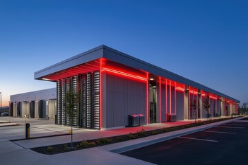 Modern building with red LED lights at dusk. Ideal for tech, innovation, or corporate projects needing a sleek, modern aesthetic.