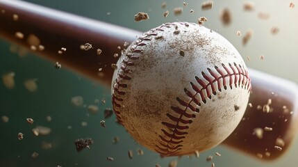 A dramatic close-up of a baseball as it’s struck by a bat, sending dirt flying through the air.
