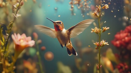 A hovering hummingbird among flowers, frozen mid-flight, with delicate wings and vibrant colors.