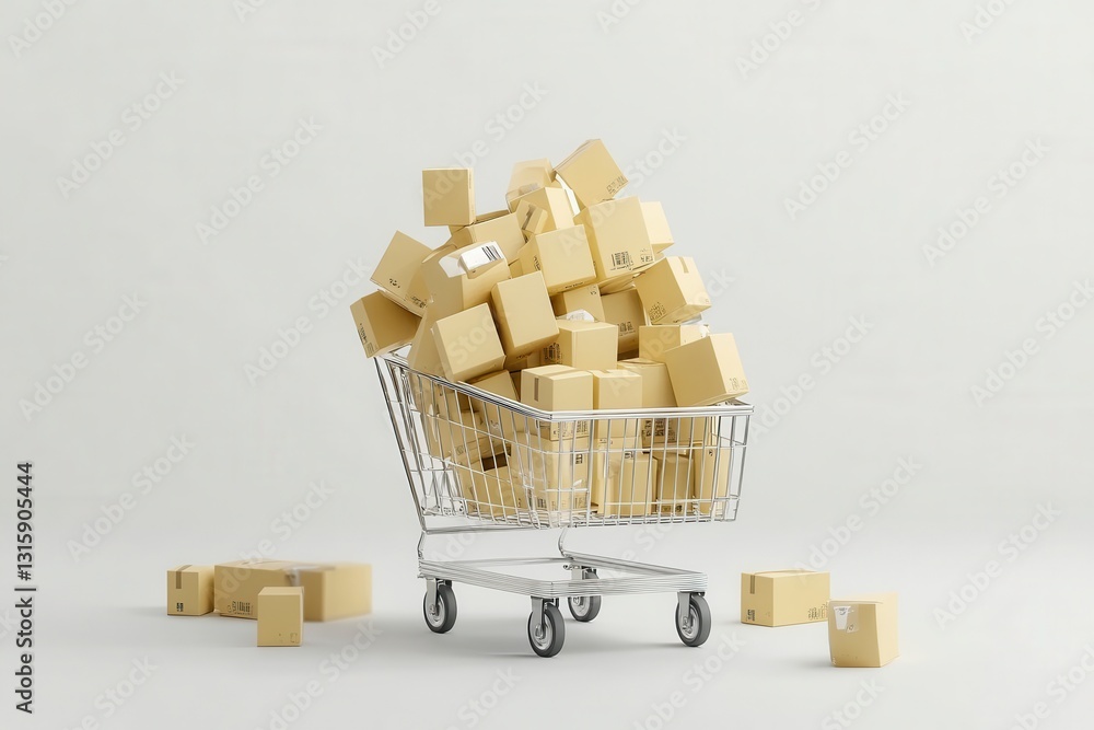 Poster a shopping cart overflowing with numerous cardboard boxes on a minimalist background