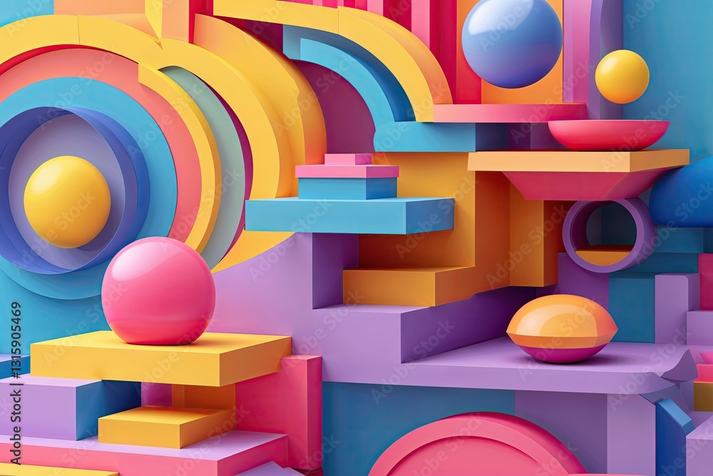 Poster three-dimensional abstract layered motif in bright colours and geometric patterns