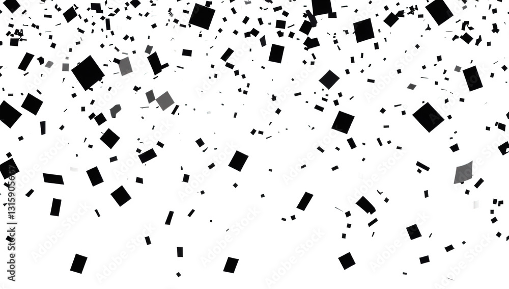 Poster a dynamic arrangement of black and gray squares scattered against a white background creating a sens