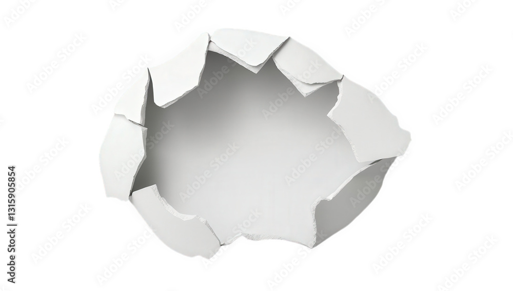 Poster a circular hole in a white wall with jagged edges suggesting it has been broken or torn away creatin