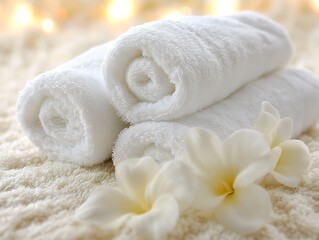 Rolled towels, spa, flowers, relaxation
