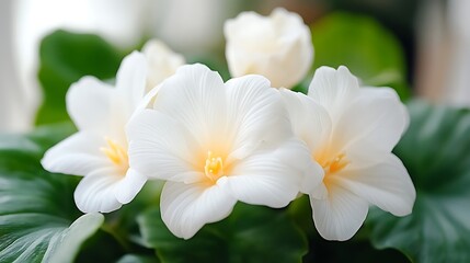 Naklejka premium Beautiful white begonias in lush green environment close-up floral photography