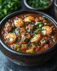 Delicious Louisiana Seafood Gumbo in Rustic Bowl