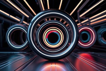 Elegant 3D Black Background Featuring Spinning Rings and Pulsing Lights for Cybersecurity and Data Protection