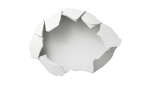 a circular hole in a white wall with jagged edges suggesting it has been broken or torn away creating a sense of depth and intrigue