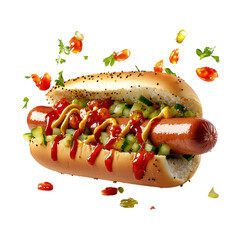 A Delicious Hot Dog with Ketchup Mustard and Relish Isolated on Transparent Background