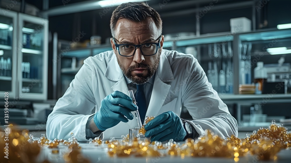 Poster environmental engineer testing and evaluating the purity of recycled chemicals in a modern high tech