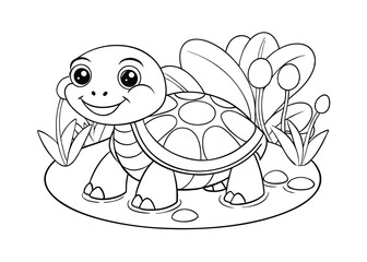 Cute Cartoon Turtle in a Pond - Coloring Page