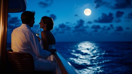 Romantic couple enjoys moonlit yacht cruise wine AI generated
