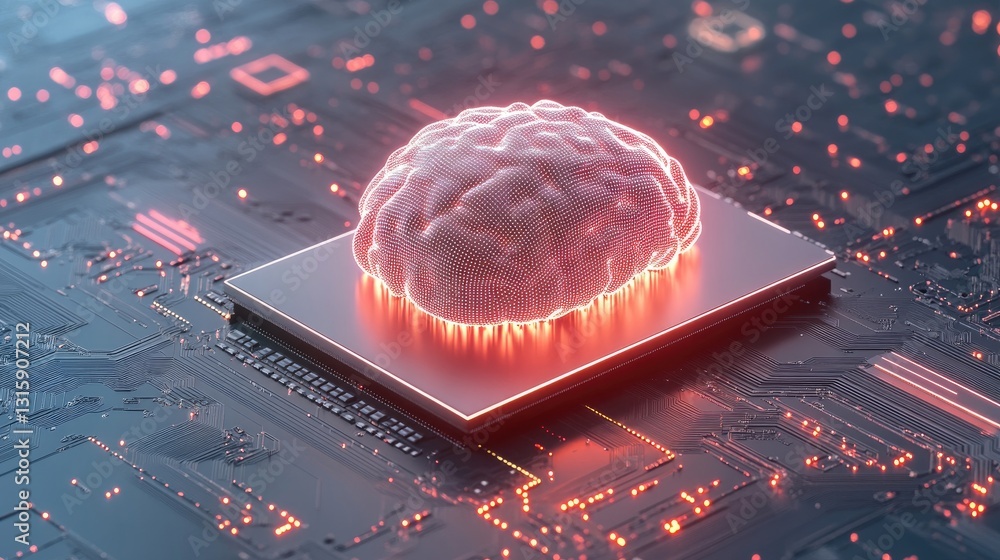 Poster futuristic ai chip embedded in a microprocessor with glowing circuits.