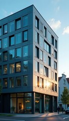 Close up of exterior of contemporary office building in Frankfurt, business district, modern architecture