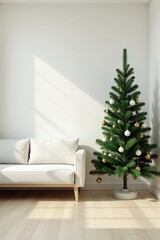 A minimalist living room scene featuring a modern sofa and a decorated evergreen tree