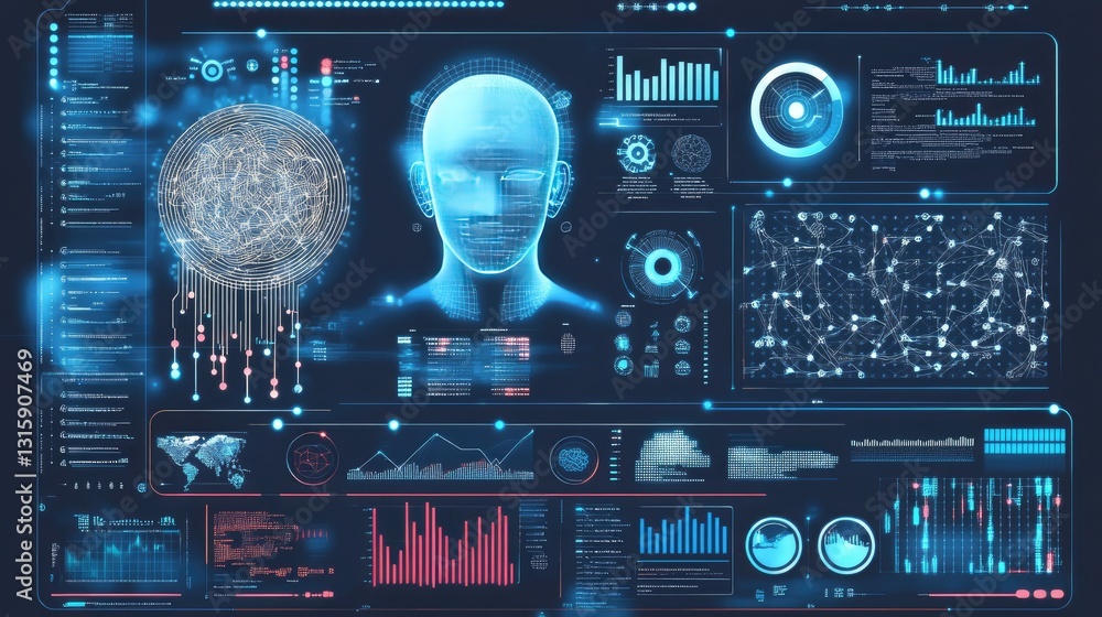 Poster futuristic ai interface with glowing data streams and neural network visualization.