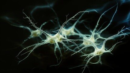 Microscopic view of neurons in a bird's brain, glowing with a soft blue light.