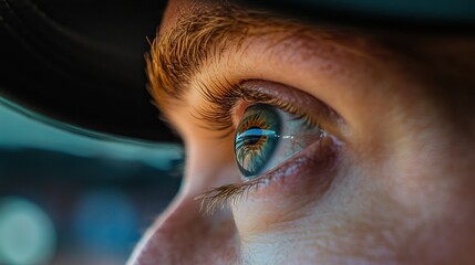 A vibrant, high-resolution close-up of a human eye with a golden hue, reflecting a baseball field and bright stadium lights. 