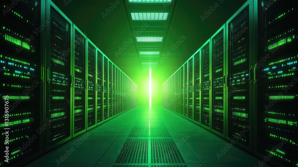 Aufkleber futuristic energy-efficient data center with green technology integration.