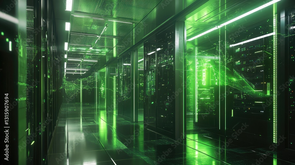 Aufkleber futuristic energy-efficient data center with green technology integration.