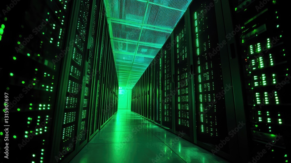 Poster futuristic energy-efficient data center with green technology integration.