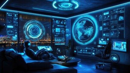 Fototapeta premium Futuristic humanoid AI robot interacting with smart home devices.