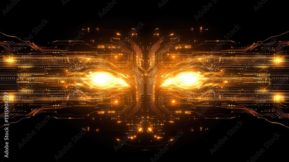 Poster glowing circuit patterns forming a human face representing ai evolution.