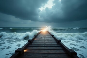 Fototapeta premium Wooden pier extending into a stormy sea with powerful waves crashing around it, a dramatic scene of nature's power and resilience.