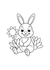 Cute Black and White Coloring Page of a Rabbit with a Flower