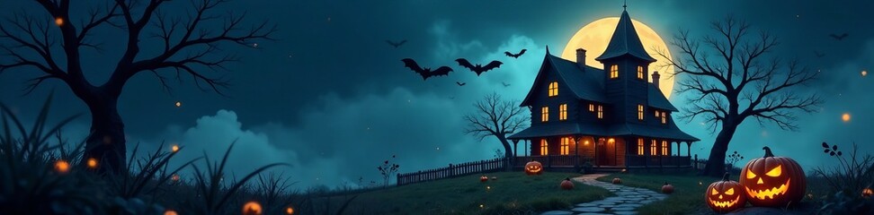 Naklejka premium Spooky haunted house with bats, pumpkins, and ghosts, festive, eerie
