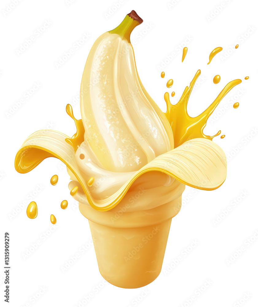 Poster a visually appealing illustration of a banana-flavored soft serve ice cream in a cup with banana pee